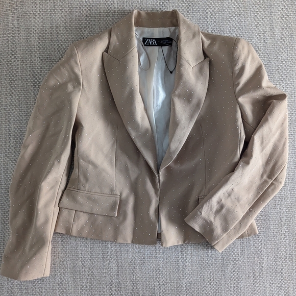 New Zara embellished rhinestone semi dropped blazer beige tan neutral sparkle - Picture 5 of 15